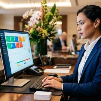 Hotel General Manager reviewing hotel PMS systems and operational reports